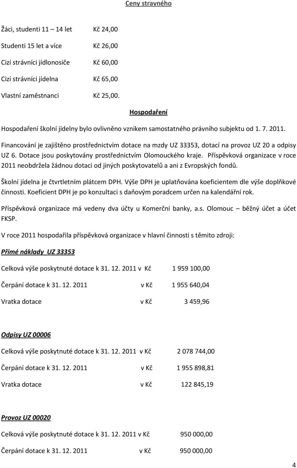 Financování je zajištěno prostřednictvím dotace na mzdy UZ 33353, dotací na provoz UZ 20 a odpisy UZ 6. Dotace jsou poskytovány prostřednictvím Olomouckého kraje.