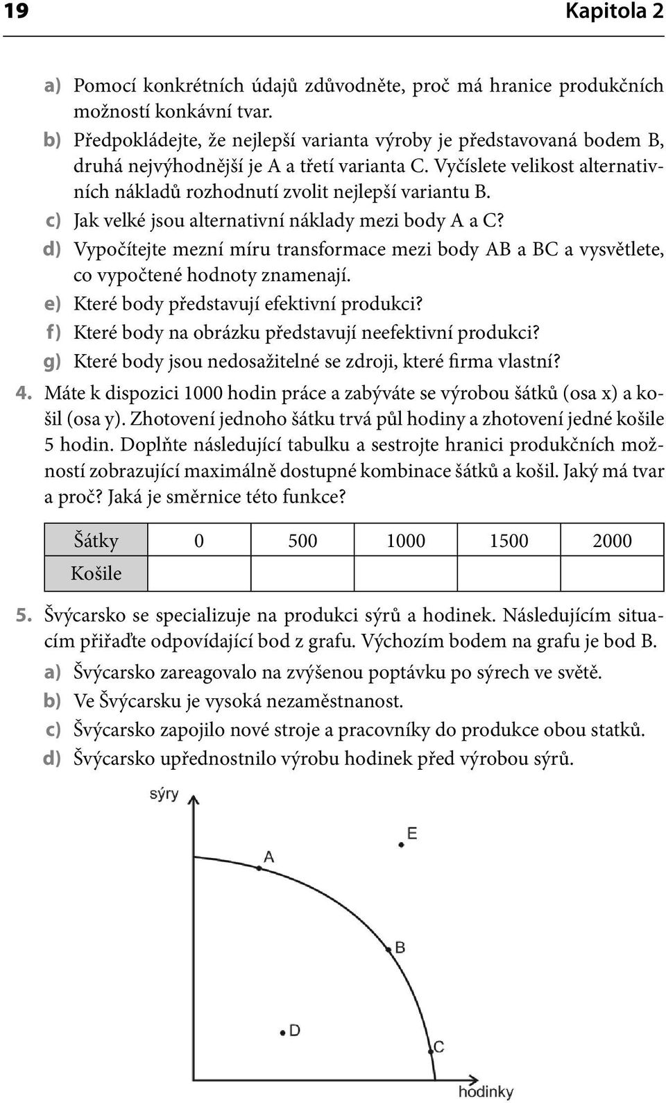 c) Jak velké jsou alternativní náklady mezi body A a C? d) Vypočítejte mezní míru transformace mezi body AB a BC a vysvětlete, co vypočtené hodnoty znamenají.