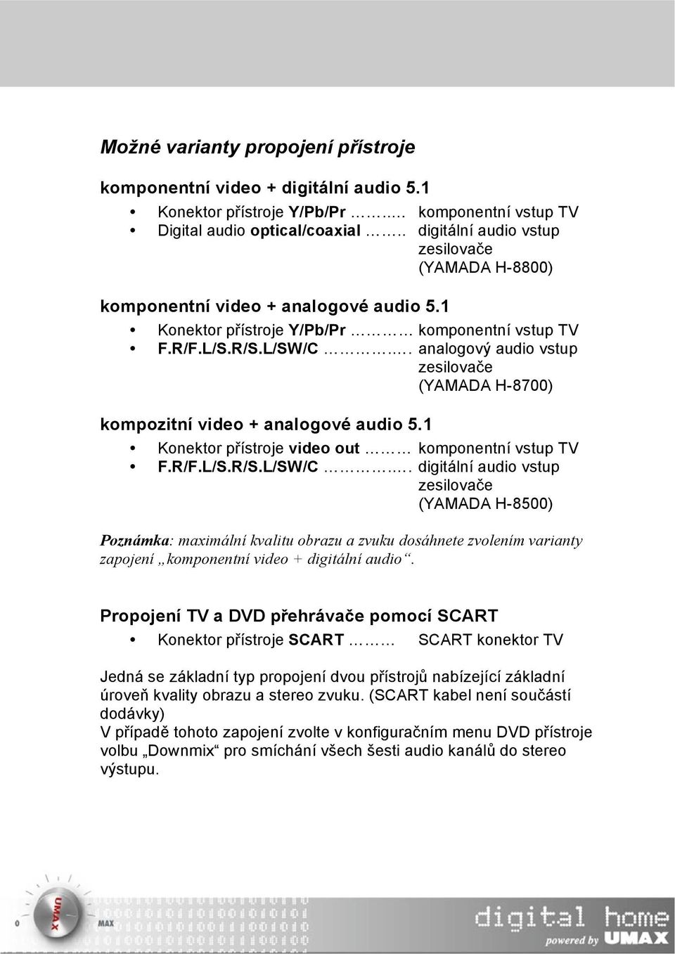 . analogový audio vstup zesilovače (YAMADA H-8700) kompozitní video + analogové audio 5.1 Konektor přístroje video out komponentní vstup TV F.R/F.L/S.R/S.L/SW/C.