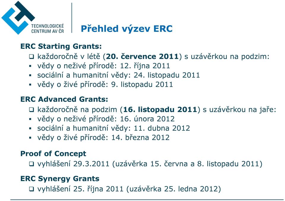 listopadu 2011) s uzávěrkou na jaře: vědy o neživé přírodě: 16. února 2012 sociální a humanitní vědy: 11. dubna 2012 vědy o živé přírodě: 14.