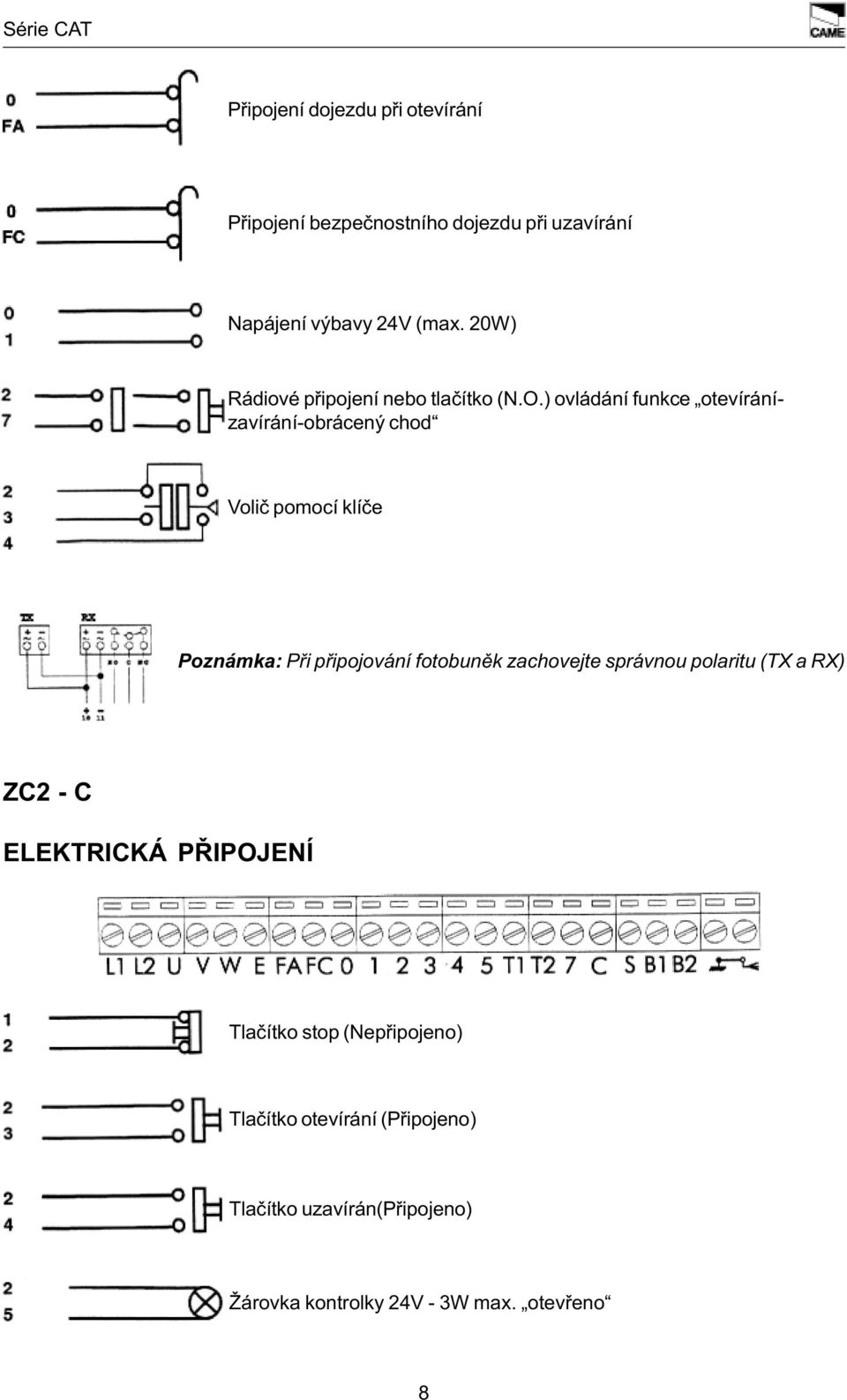 ) ovládání funkce otevíránízavírání-obrácený chod Voliè pomocí klíèe Poznámka: Pøi pøipojování fotobunìk