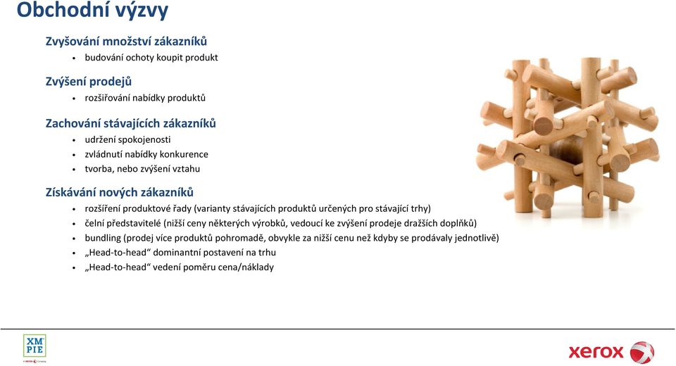 produktů určených pro stávající trhy) čelní představitelé (nižší ceny některých výrobků, vedoucí ke zvýšení prodeje dražších doplňků) bundling (prodej