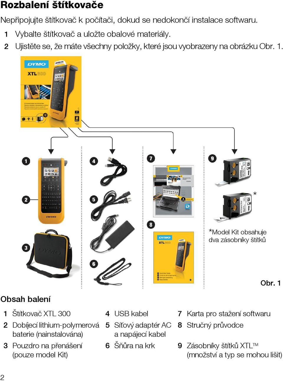 * *Model Kit obsahuje dva zásobníky štítků Obsah balení 1 Štítkovač XTL 300 4 USB kabel 7 Karta pro stažení softwaru 2 Dobíjecí