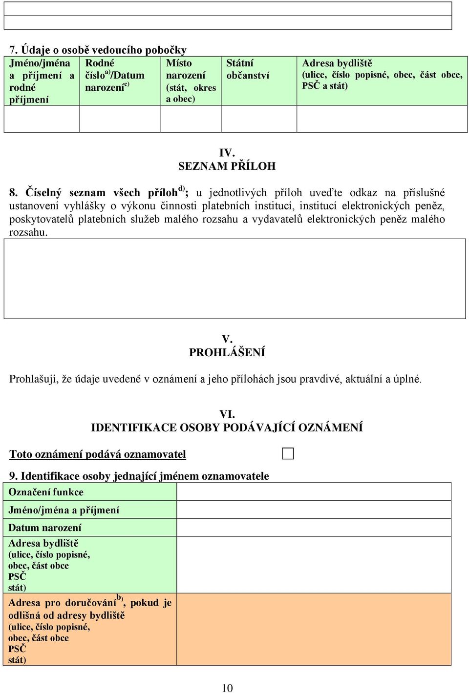 Číselný seznam všech příloh d) ; u jednotlivých příloh uveďte odkaz na příslušné ustanovení vyhlášky o výkonu činnosti platebních institucí, institucí elektronických peněz, poskytovatelů platebních