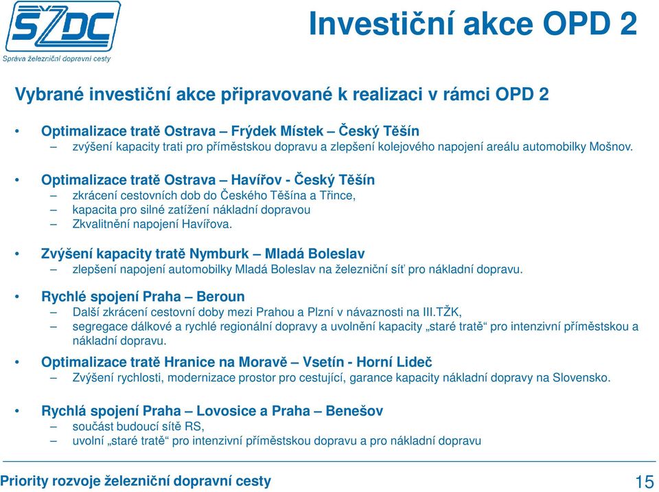 Optimalizace tratě Ostrava Havířov - Český Těšín zkrácení cestovních dob do Českého Těšína a Třince, kapacita pro silné zatížení nákladní dopravou Zkvalitnění napojení Havířova.