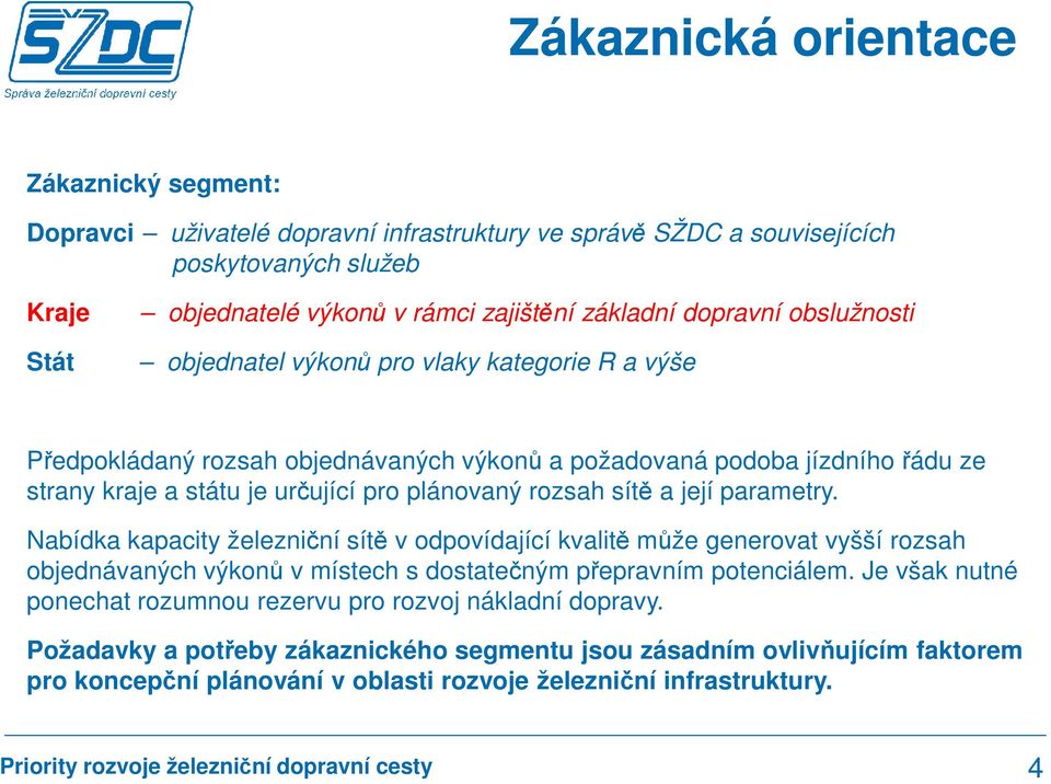 sítě a její parametry. Nabídka kapacity železniční sítě v odpovídající kvalitě může generovat vyšší rozsah objednávaných výkonů v místech s dostatečným přepravním potenciálem.