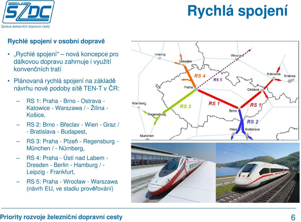 Břeclav - Wien - Graz / - Bratislava - Budapest, RS 3: Praha - Plzeň - Regensburg - München / - Nürnberg, RS 4: Praha - Ústí nad Labem - Dresden -