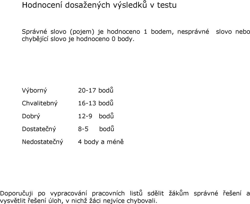 Výborný Chvalitebný Dobrý 20-17 bodů 16-13 bodů 12-9 bodů Dostatečný 8-5 bodů Nedostatečný 4