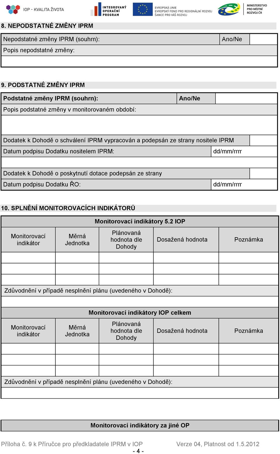 Dodatku nositelem IPRM: dd/mm/rrrr Dodatek k Dohodě o poskytnutí dotace podepsán ze strany Datum podpisu Dodatku ŘO: dd/mm/rrrr 10. SPLNĚNÍ MONITOROVACÍCH INDIKÁTORŮ Monitorovací indikátory 5.