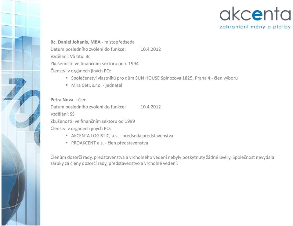 4.2012 Vzdělání: SŠ Zkušenosti: ve finančním sektoru od 1999 Členství v orgánech jiných PO: AKCENTA LOGISTIC, a.s. - předseda představenstva PROAKCENT a.s. - člen představenstva Členům dozorčí rady, představenstva a vrcholného vedení nebyly poskytnuty žádné úvěry.