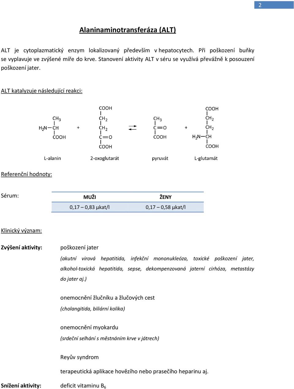 ALT katalyzuje následující reakci: Referenční hodnoty: Sérum: MUŽI ŽENY 0,17 0,83 µkat/l 0,17 0,58 µkat/l Klinický význam: Zvýšení aktivity: poškození jater (akutní virová hepatitida, infekční