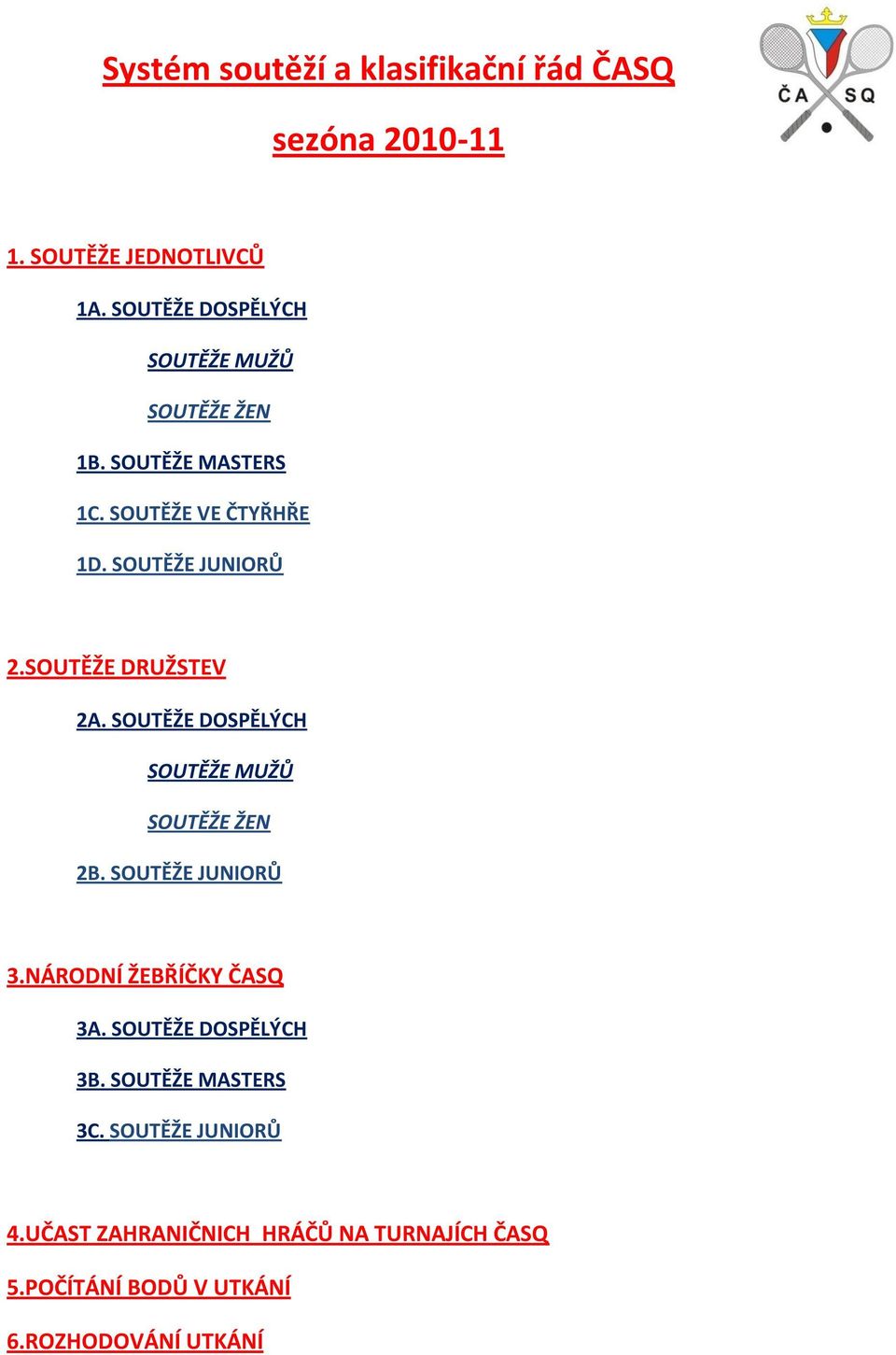 SOUTĚŽE DRUŽSTEV 2A. SOUTĚŽE DOSPĚLÝCH SOUTĚŽE MUŽŮ SOUTĚŽE ŽEN 2B. SOUTĚŽE JUNIORŮ 3.NÁRODNÍ ŽEBŘÍČKY ČASQ 3A.