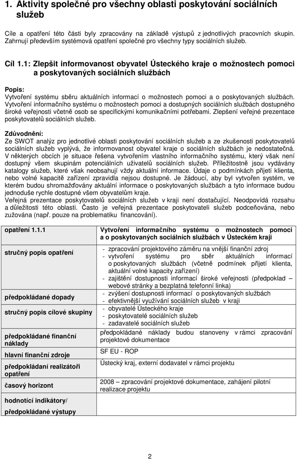 1: Zlepšit informovanost obyvatel Ústeckého kraje o možnostech pomoci a poskytovaných sociálních službách Vytvoření systému sběru aktuálních informací o možnostech pomoci a o poskytovaných službách.