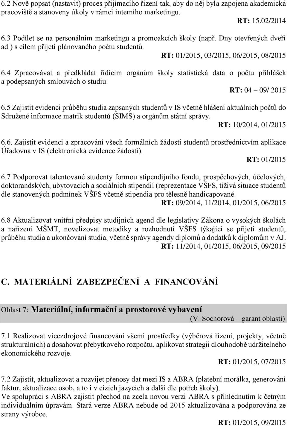 4 Zpracovávat a předkládat řídícím orgánům školy statistická data o počtu přihlášek a podepsaných smlouvách o studiu. RT: 04 09/ 2015 6.