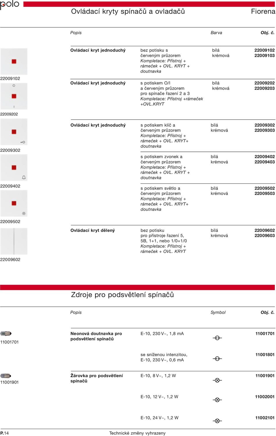 KRYT 22009202 22009302 22009402 Ovládací kryt jednoduchý s potiskem klíč a bílá 22009302 červeným průzorem krémová 22009303 Přístroj + rámeček + OVL.