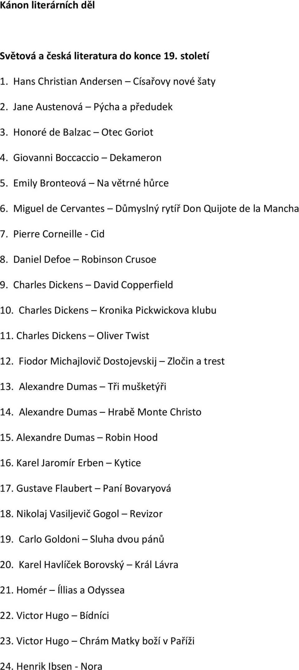 Charles Dickens David Copperfield 10. Charles Dickens Kronika Pickwickova klubu 11. Charles Dickens Oliver Twist 12. Fiodor Michajlovič Dostojevskij Zločin a trest 13.