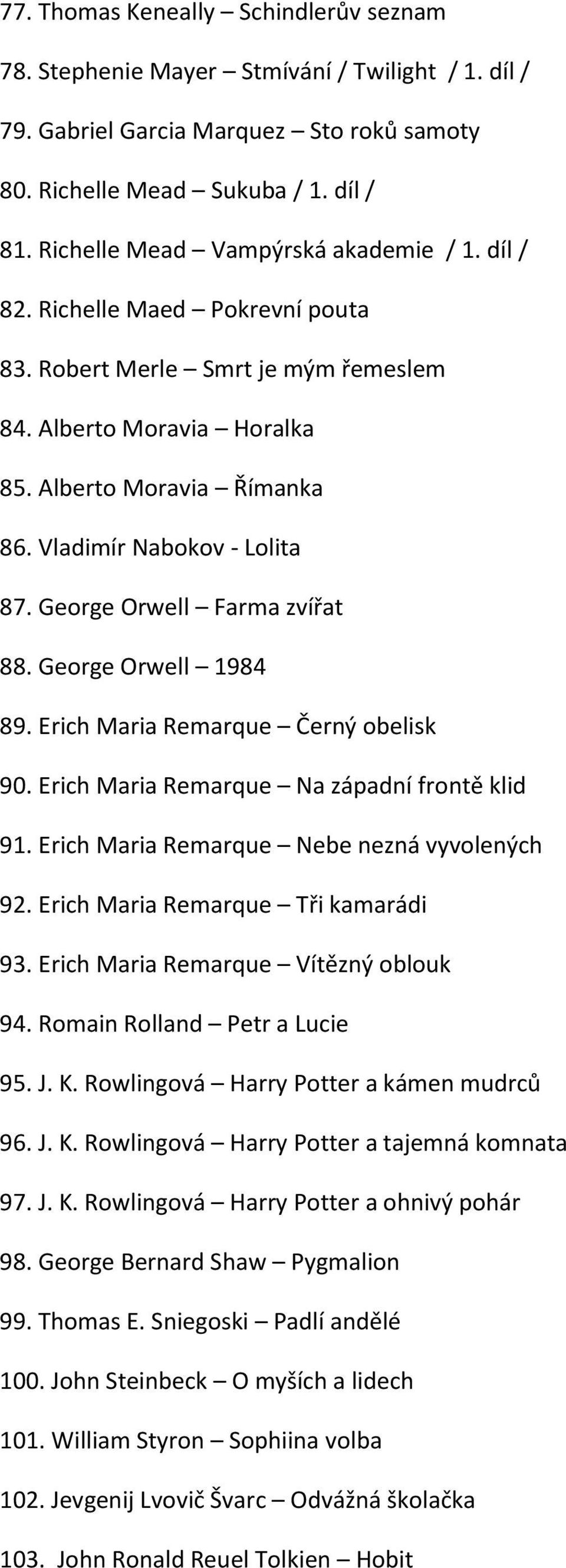 Vladimír Nabokov - Lolita 87. George Orwell Farma zvířat 88. George Orwell 1984 89. Erich Maria Remarque Černý obelisk 90. Erich Maria Remarque Na západní frontě klid 91.