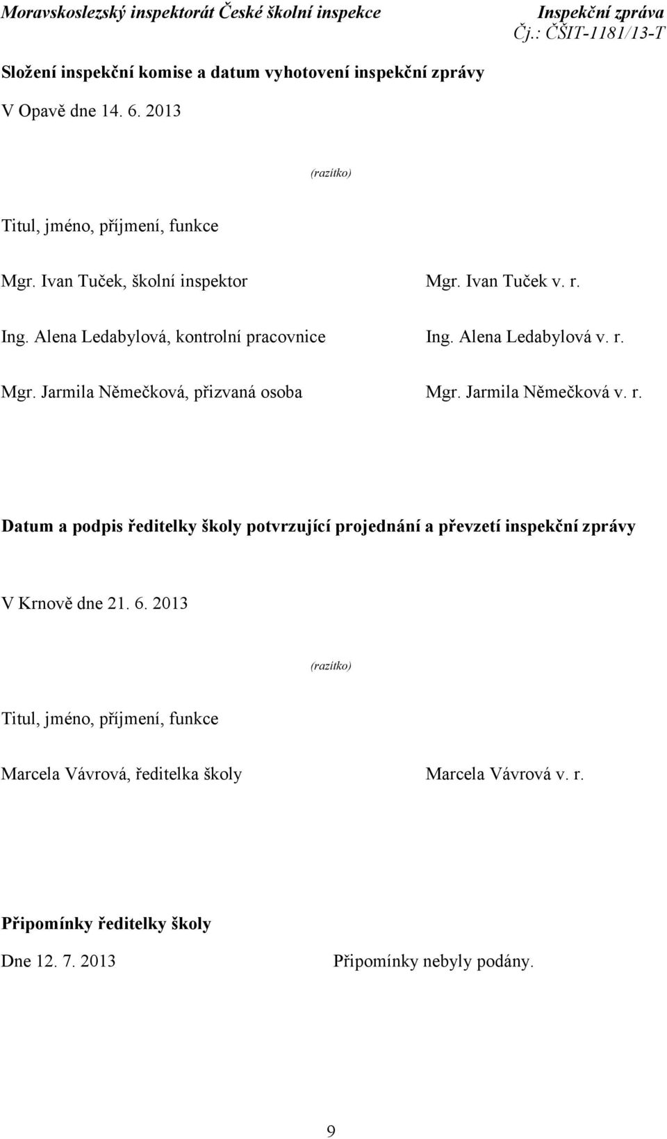 Jarmila Němečková v. r. Datum a podpis ředitelky školy potvrzující projednání a převzetí inspekční zprávy V Krnově dne 21. 6.