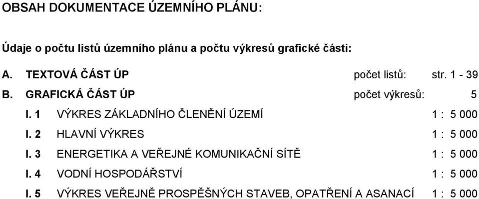 1 VÝKRES ZÁKLADNÍHO ČLENĚNÍ ÚZEMÍ 1 : 5 000 I. 2 HLAVNÍ VÝKRES 1 : 5 000 I.