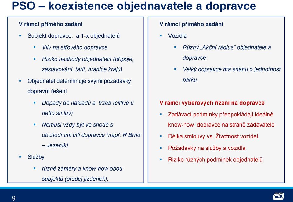 R Brno Jeseník) Sluţby různé záměry a know-how obou subjektů (prodej jízdenek), V rámci přímého zadání Vozidla Různý Akční rádius objednatele a dopravce Velký dopravce má snahu o jednotnost parku V