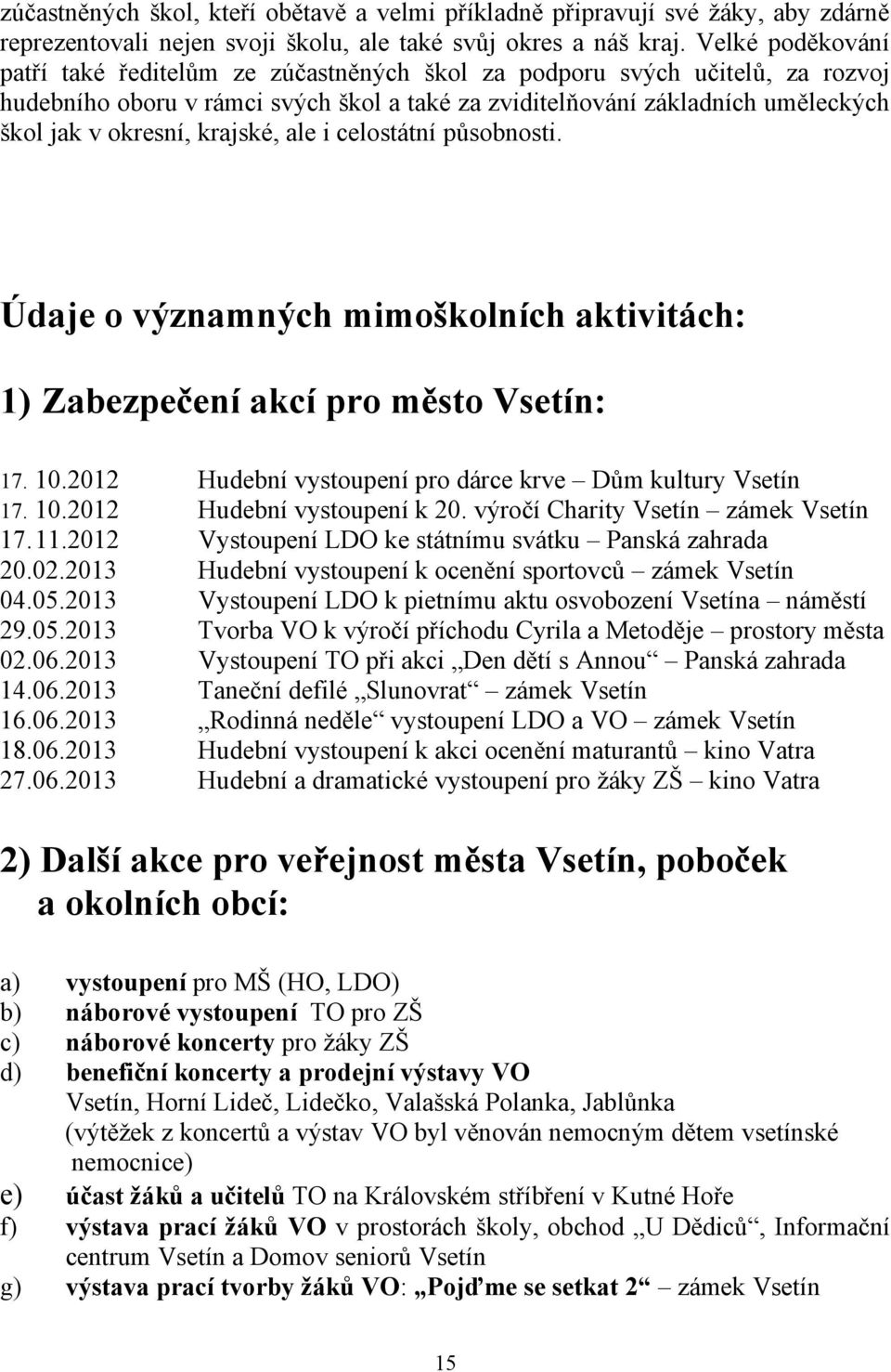 krajské, ale i celostátní působnosti. Údaje o významných mimoškolních aktivitách: 1) Zabezpečení akcí pro město Vsetín: 17. 10.2012 Hudební vystoupení pro dárce krve Dům kultury Vsetín 17. 10.2012 Hudební vystoupení k 20.