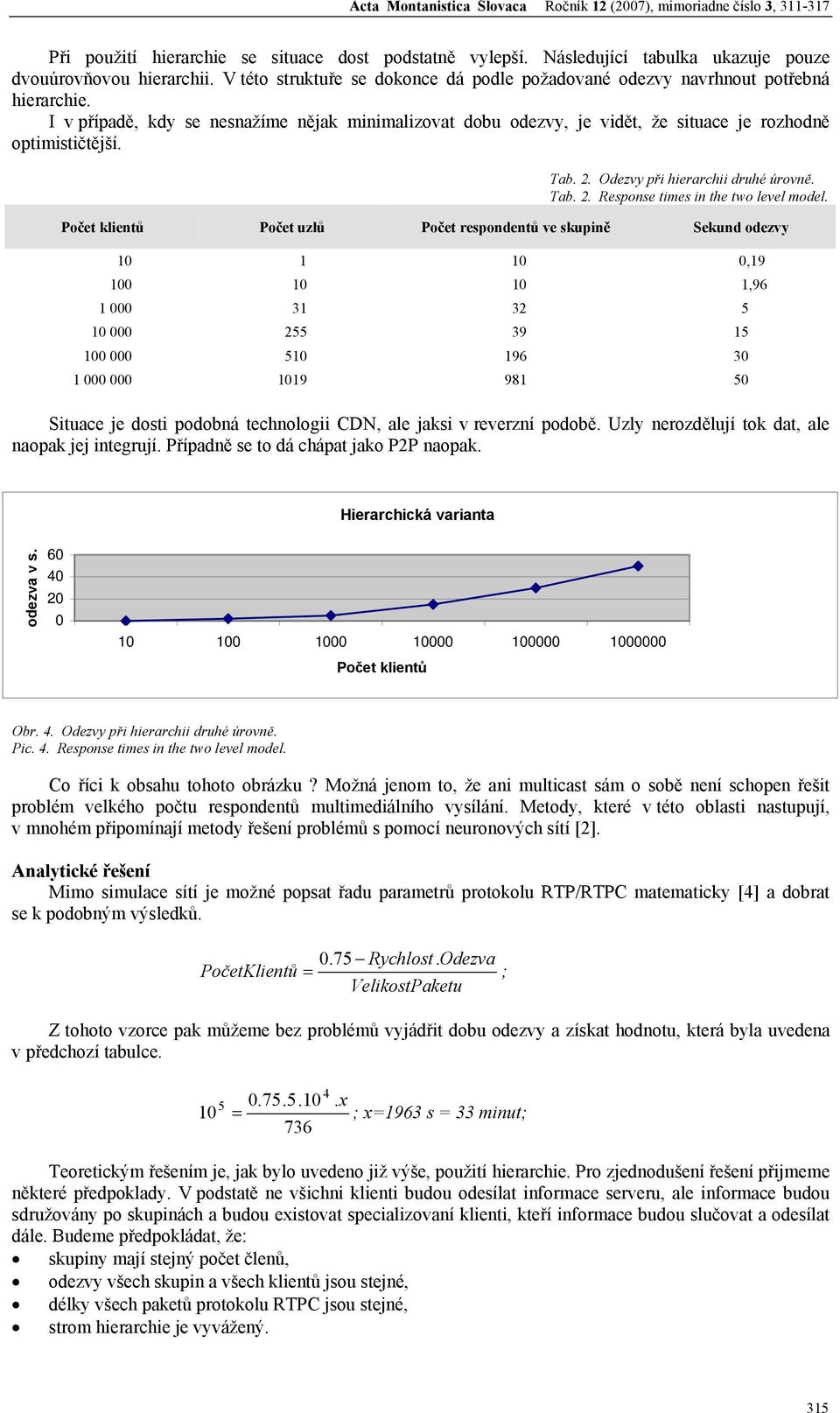 Odezvy př herarch druhé úrovně. Tab. 2. Response tmes n the two level model.