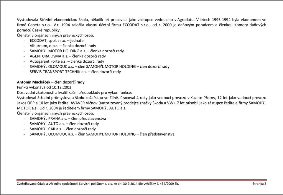 o. jednatel - Viburnum, o.p.s. členka dozorčí rady - SAMOHÝL MOTOR HOLDING a.s. členka dozorčí rady - AGENTURA OSMA a.s. členka dozorčí rady - Autogarant Forte a.s. členka dozorčí rady - SAMOHÝL OLOMOUC a.