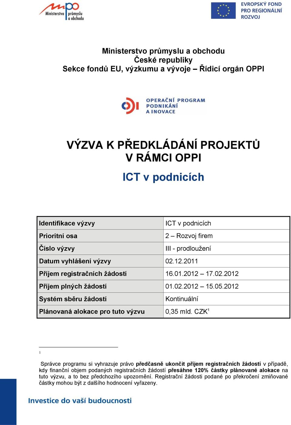 2012 Systém sběru žádostí Kontinuální Plánovaná alokace pro tuto výzvu 0,35 mld.