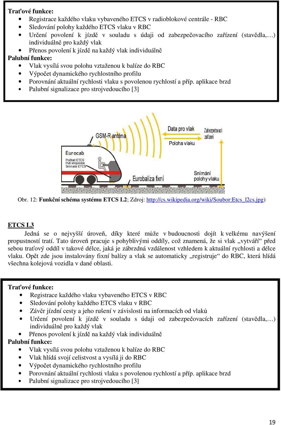 Porovnání aktuální rychlosti vlaku s povolenou rychlostí a příp. aplikace brzd Palubní signalizace pro strojvedoucího [3] Obr. 12: Funkční schéma systému ETCS L2; Zdroj: http://cs.wikipedia.
