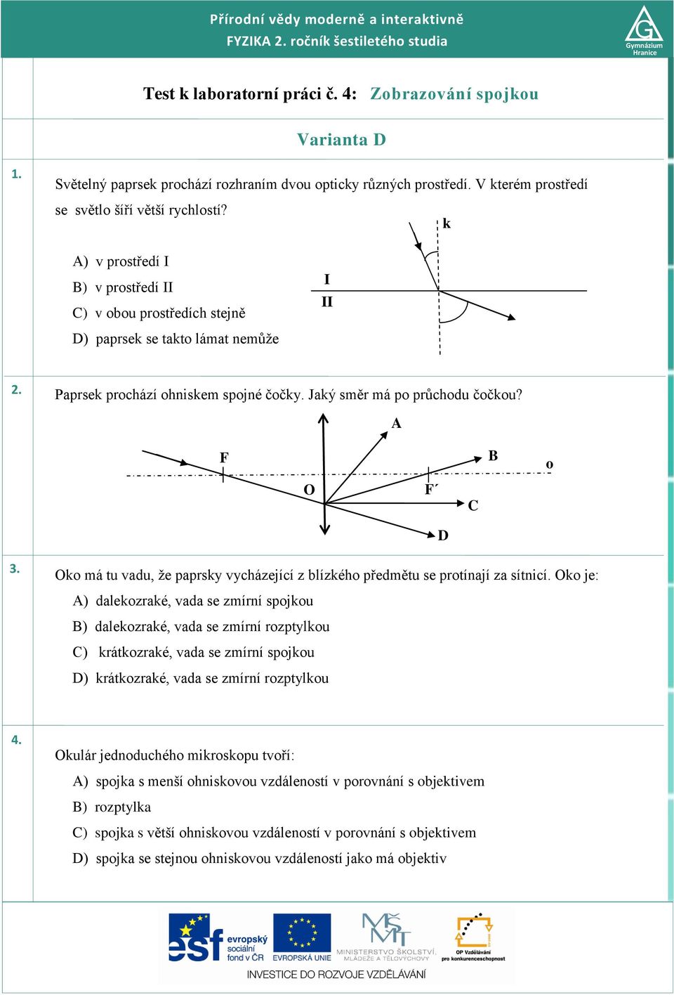 Jaký směr má p průchdu ččku? A F B O F D C 3. Ok má tu vadu, že paprsky vycházející z blízkéh předmětu se prtínají za sítnicí.