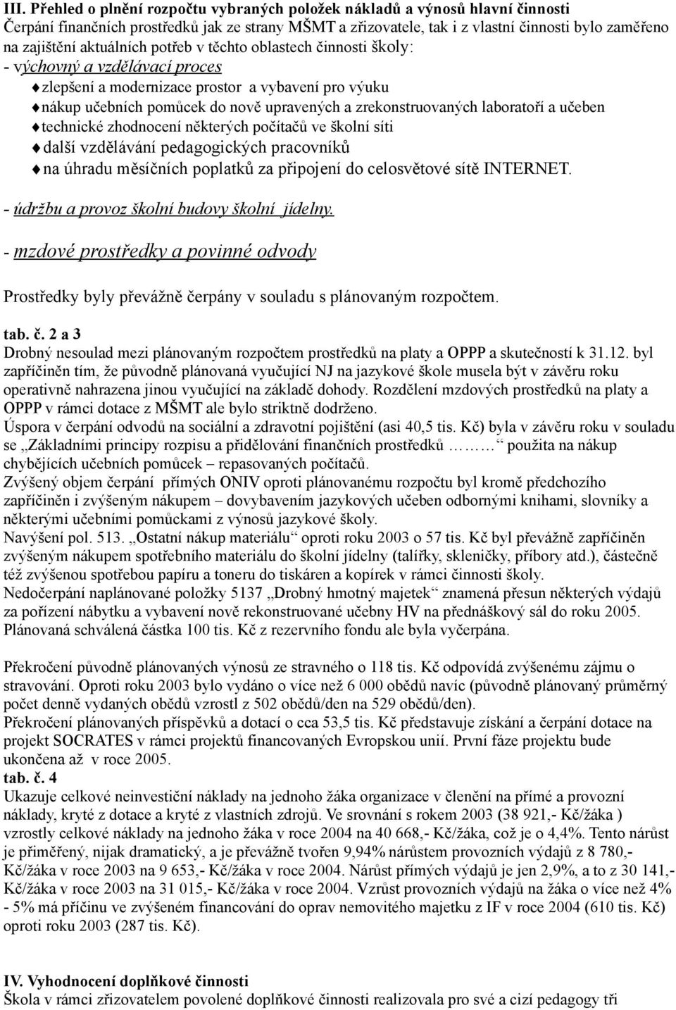 laboratoří a učeben technické zhodnocení některých počítačů ve školní síti další vzdělávání pedagogických pracovníků na úhradu měsíčních poplatků za připojení do celosvětové sítě INTERNET.