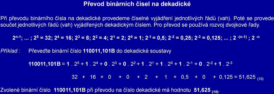 .. ; 2 5 = 32; 2 4 = 16; 2 3 = 8; 2 2 = 4; 2 1 = 2; 2 0 = 1; 2-1 = 0,5; 2-2 = 0,25; 2-3 = 0,125;.