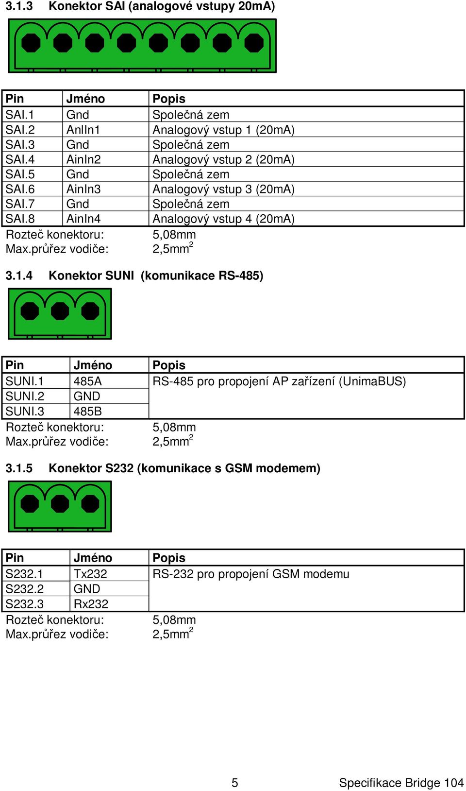 8 AinIn4 Analogový vstup 4 (20mA) Rozte konektoru: 5,08mm Max.pr ez vodi e: 2,5mm 2 3.1.4 Konektor SUNI (komunikace RS-485) Pin Jméno Popis SUNI.
