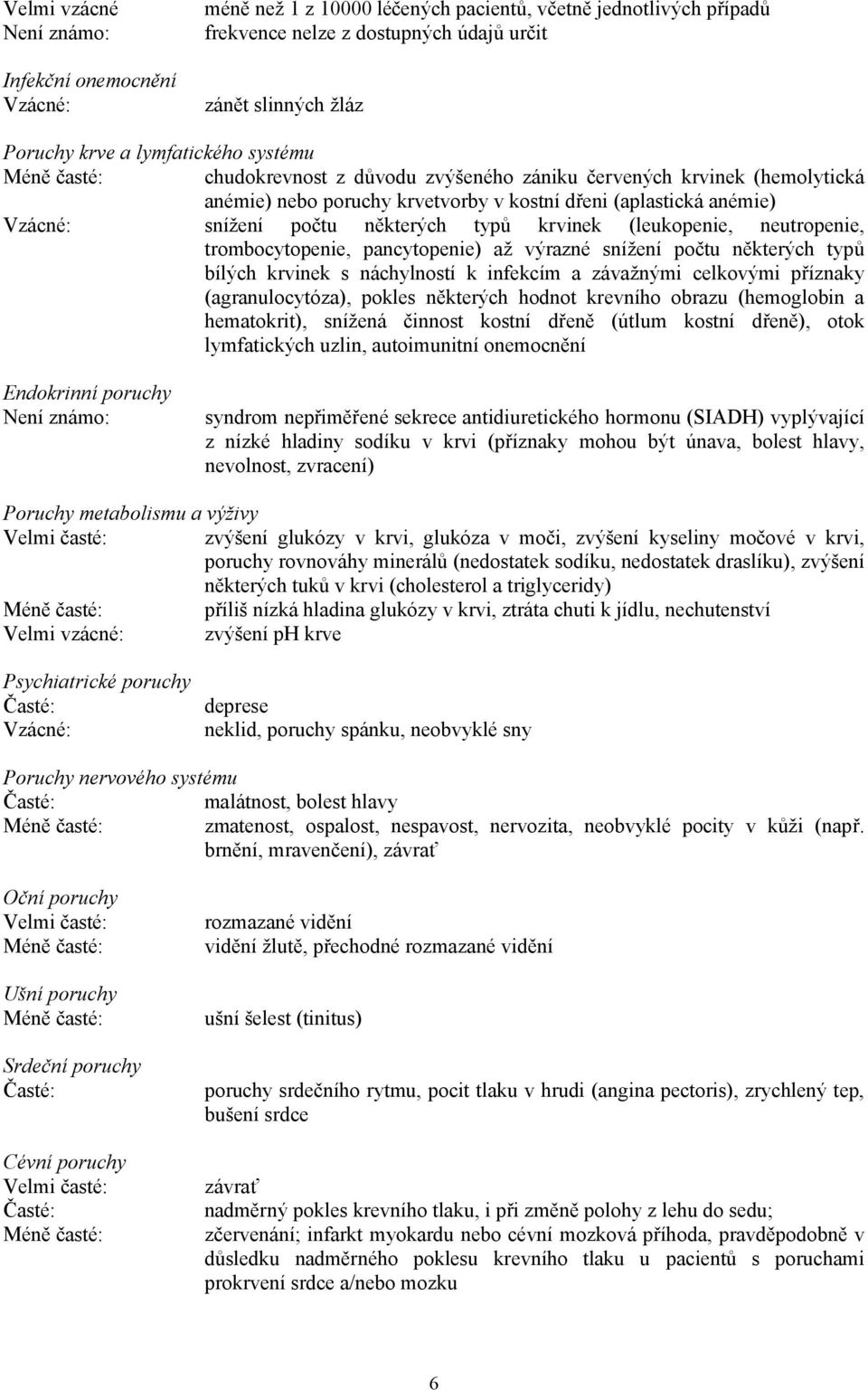 neutropenie, trombocytopenie, pancytopenie) až výrazné snížení počtu některých typů bílých krvinek s náchylností k infekcím a závažnými celkovými příznaky (agranulocytóza), pokles některých hodnot