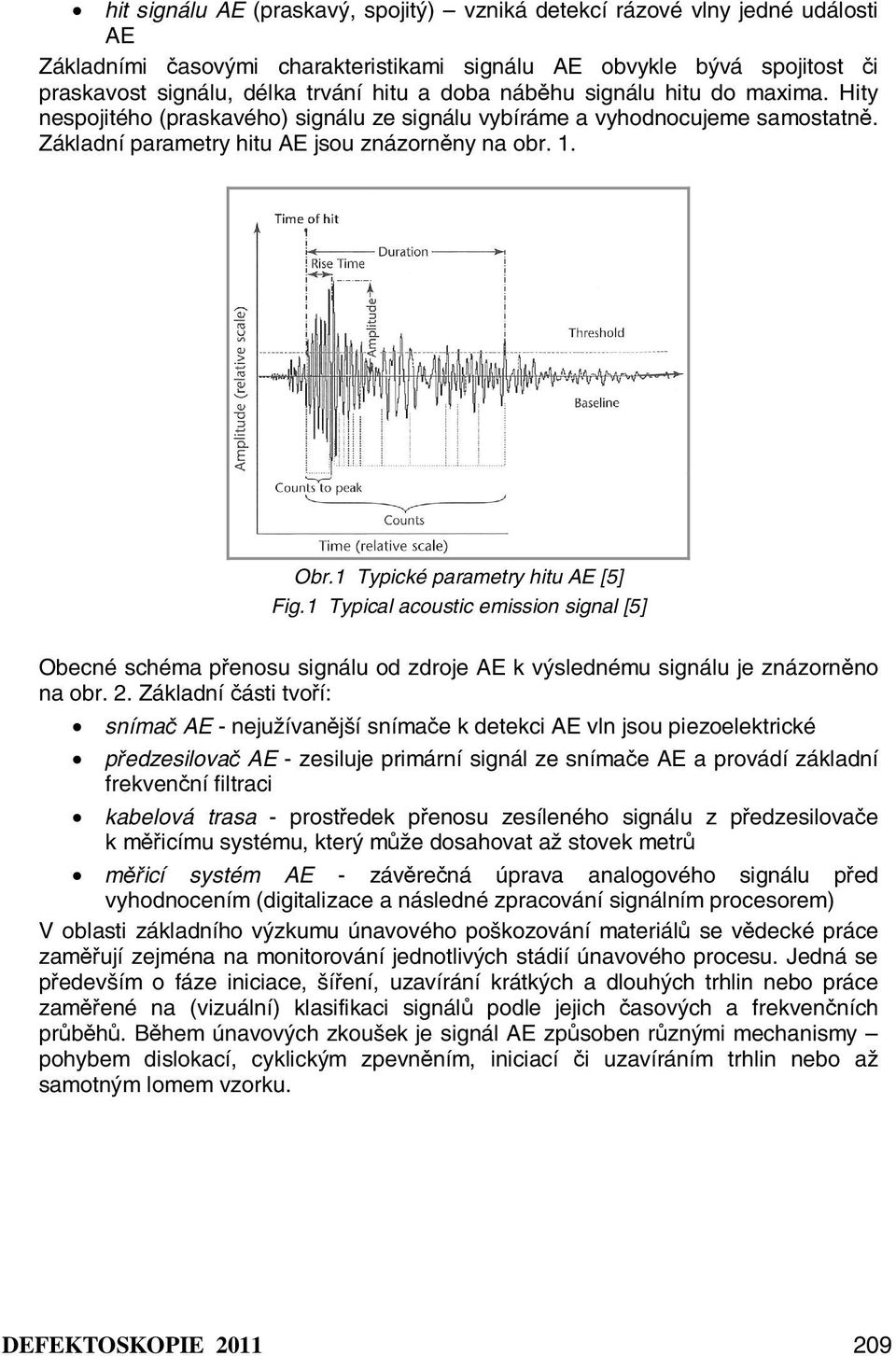 1 Typické parametry hitu AE [5] Fig.1 Typical acoustic emission signal [5] Obecné schéma přenosu signálu od zdroje AE k výslednému signálu je znázorněno na obr. 2.