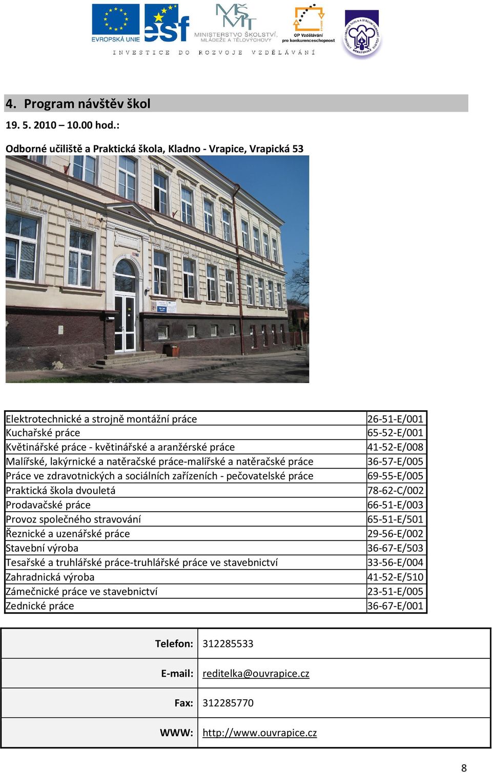 natěračské práce-malířské a natěračské práce Práce ve zdravotnických a sociálních zařízeních - pečovatelské práce Praktická škola dvouletá Prodavačské práce Provoz společného stravování Řeznické a