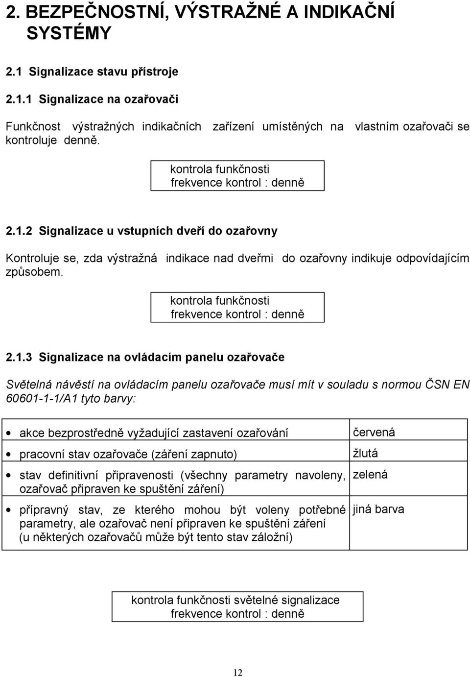 kontrola funkčnosti frekvence kontrol : denně 2.1.