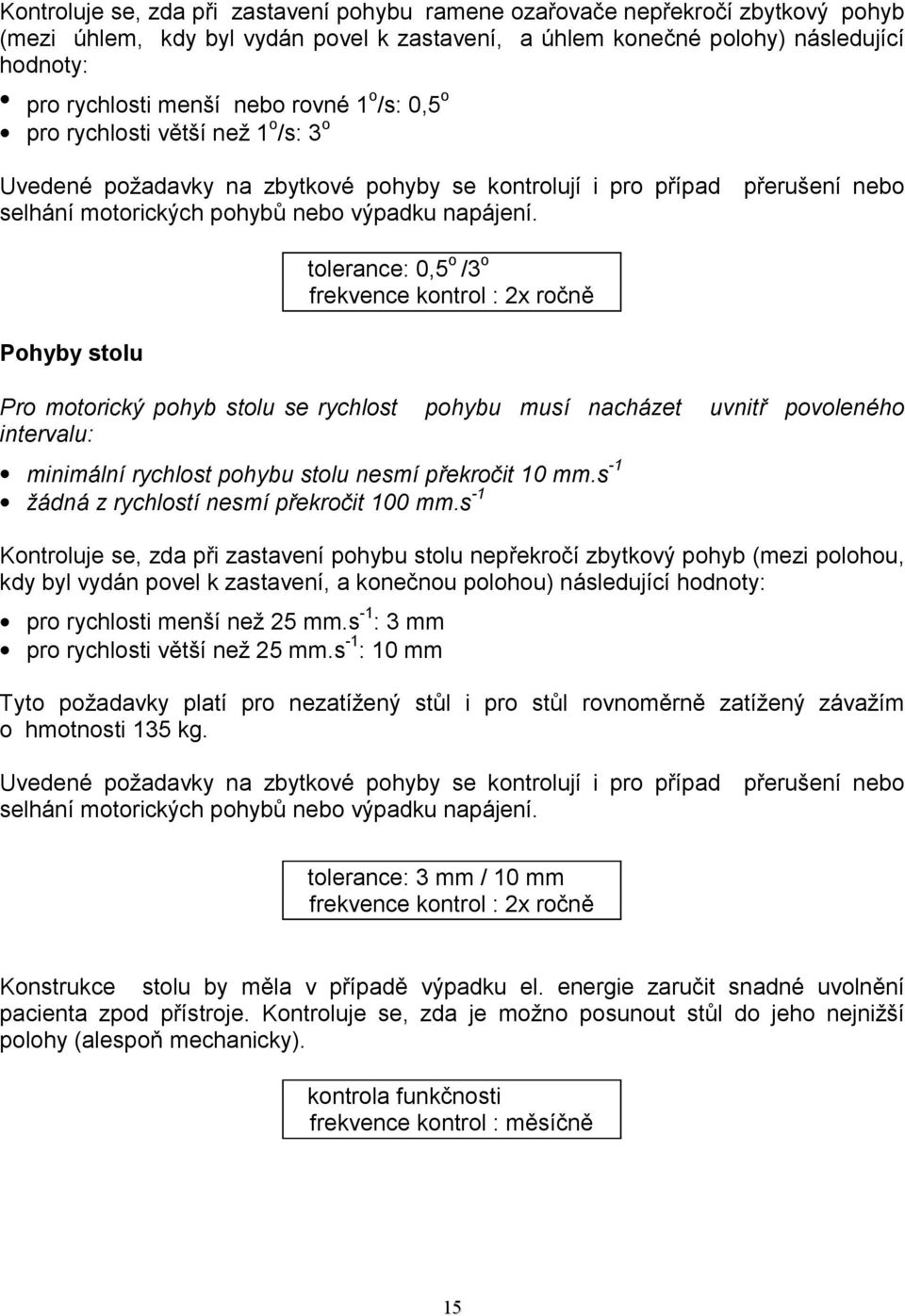 Pohyby stolu tolerance: 0,5 o /3 o frekvence kontrol : 2x ročně Pro motorický pohyb stolu se rychlost pohybu musí nacházet uvnitř povoleného intervalu: minimální rychlost pohybu stolu nesmí překročit