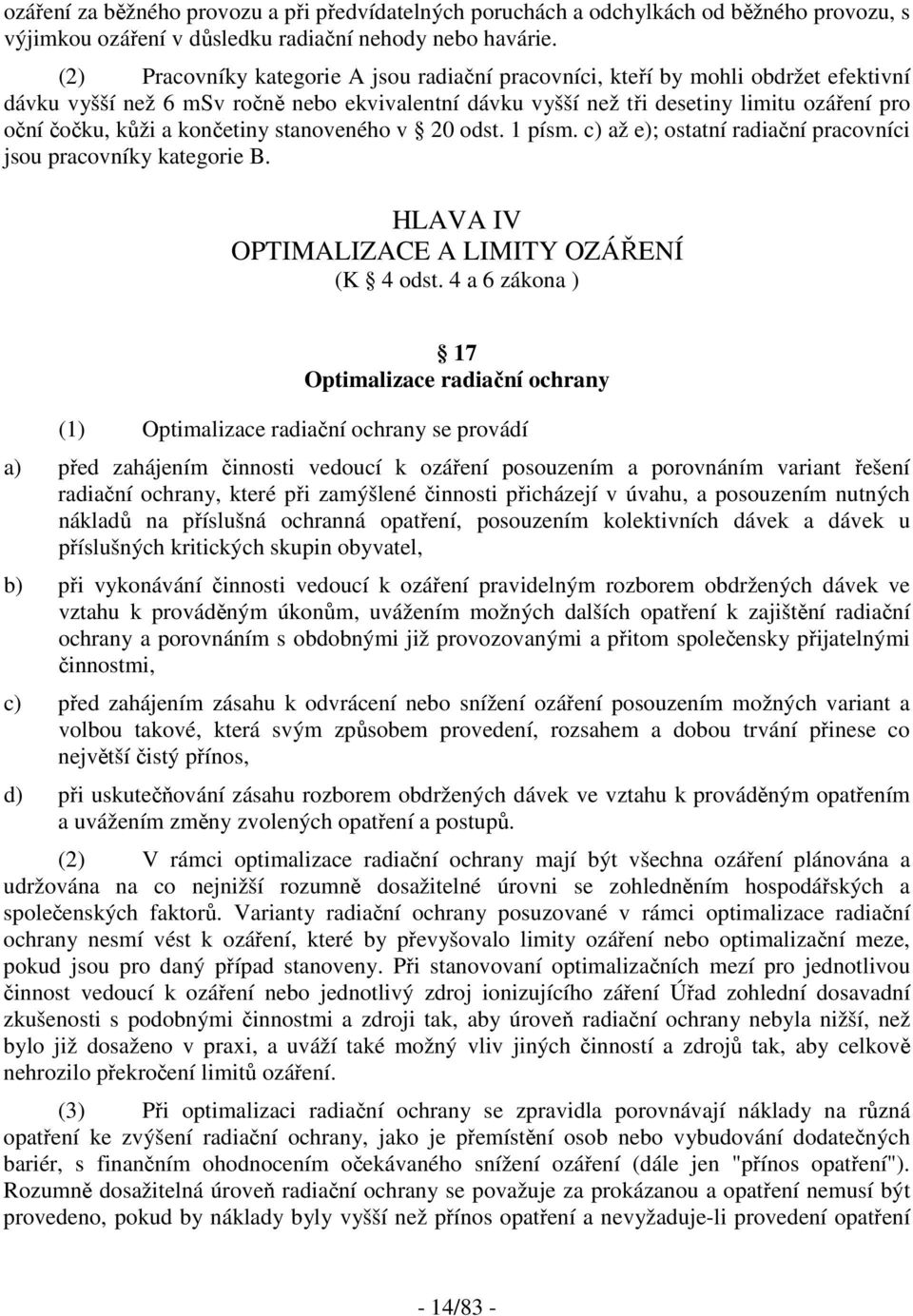 končetiny stanoveného v 20 odst. 1 písm. c) až e); ostatní radiační pracovníci jsou pracovníky kategorie B. HLAVA IV OPTIMALIZACE A LIMITY OZÁŘENÍ (K 4 odst.