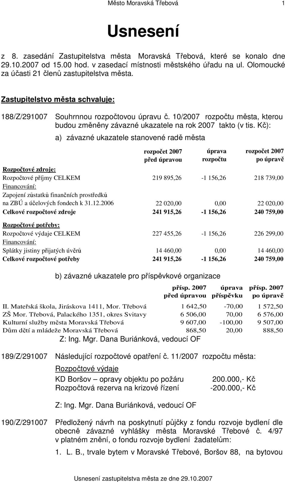 10/2007 rozpočtu města, kterou budou změněny závazné ukazatele na rok 2007 takto (v tis.