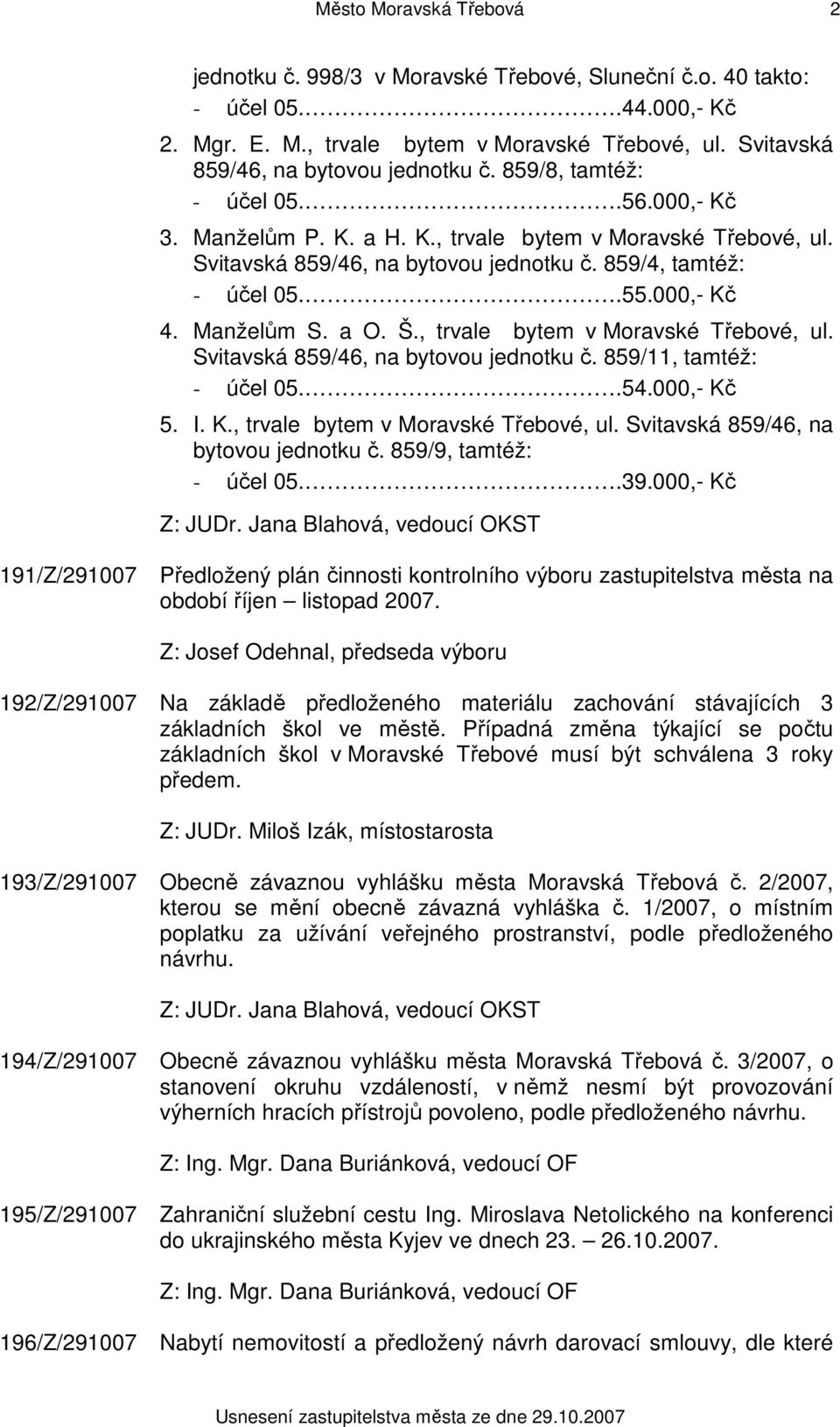 859/4, tamtéž: - účel 05..55.000,- Kč 4. Manželům S. a O. Š., trvale bytem v Moravské Třebové, ul. Svitavská 859/46, na bytovou jednotku č. 859/11, tamtéž: - účel 05..54.000,- Kč 5. I. K., trvale bytem v Moravské Třebové, ul. Svitavská 859/46, na bytovou jednotku č. 859/9, tamtéž: - účel 05.