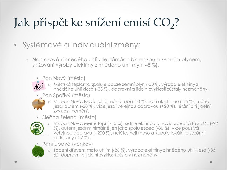 Navíc ještě méně topí (-10 %), šetří elektřinou (-15 %), méně jezdí autem (-20 %), více jezdí veřejnou dopravou (+20 %), létání ani jídelní zvyklosti nemění. Slečna Zelená (město) o Viz pan Nový.