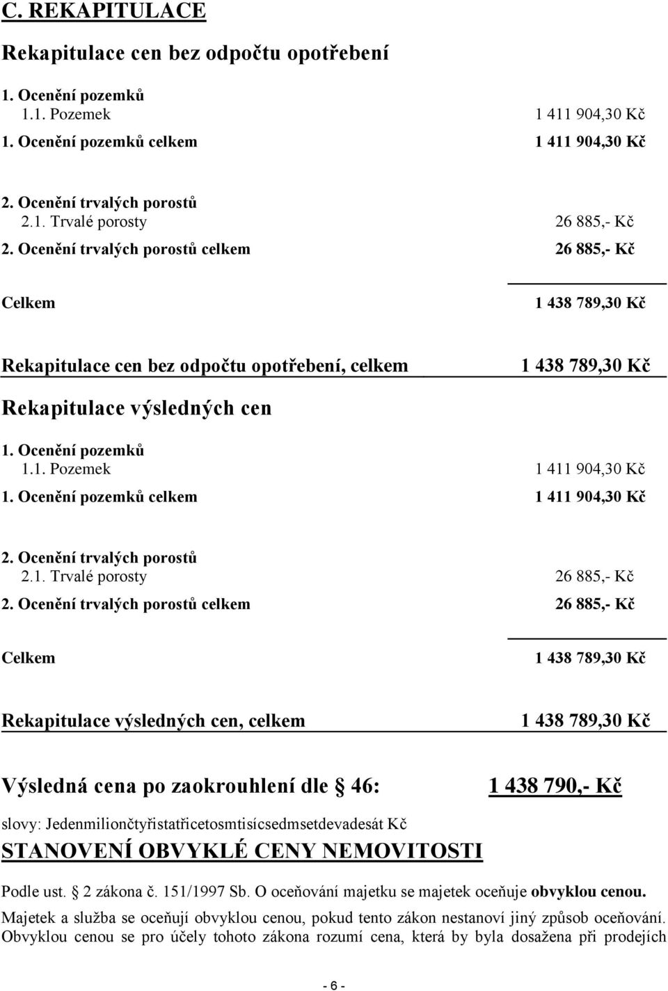 Ocenění pozemků celkem 1 411 904,30 Kč 2. Ocenění trvalých porostů 2.1. Trvalé porosty 26 885,- Kč 2.