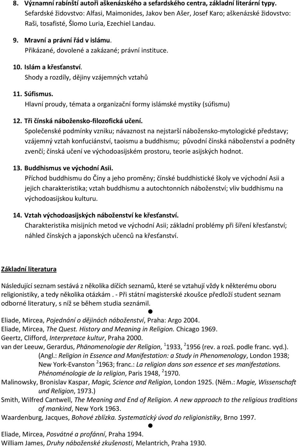 Přikázané, dovolené a zakázané; právní instituce. 10. Islám a křesťanství. Shody a rozdíly, dějiny vzájemných vztahů 11. Súfismus.