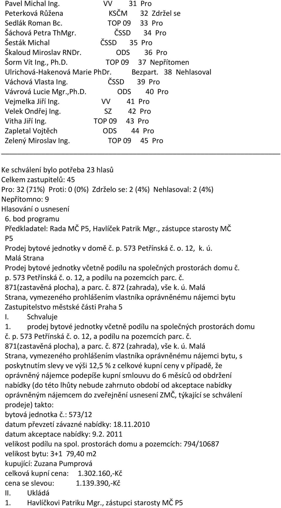 Malá Strana Prodej bytové jednotky včetně podílu na společných prostorách domu č. p. 573 Petřínská č. o. 12, a podílu na pozemcích parc. č. 871(zastavěná plocha), a parc. č. 872 (zahrada), vše k. ú.