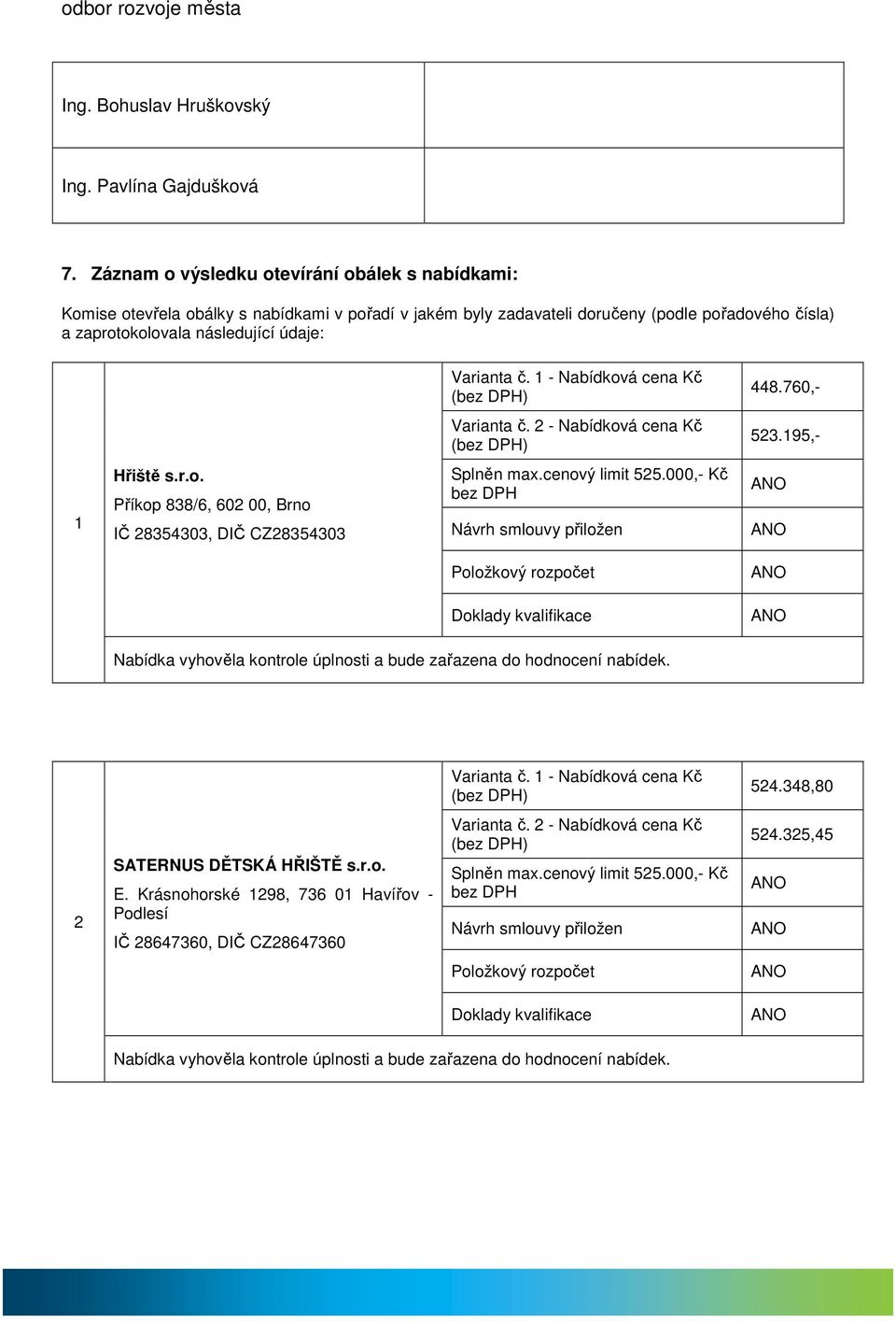 - Nabídková cena Kč 448.760,- Varianta č. - Nabídková cena Kč 5.95,- IČ 8540, DIČ CZ8540 Splněn max.cenový limit 55.