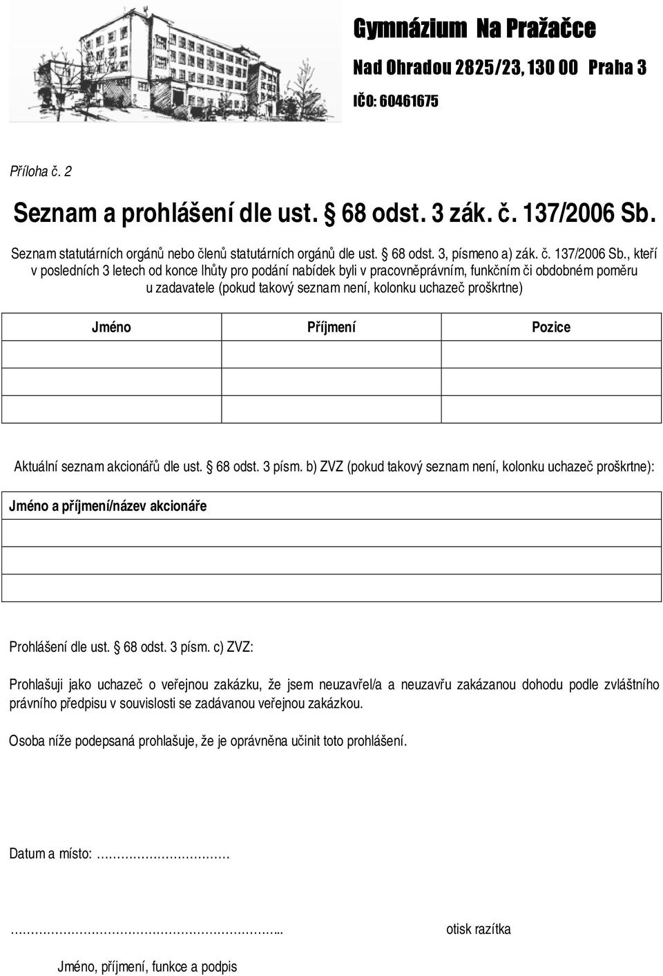 , kteří v posledních 3 letech od konce lhůty pro podání nabídek byli v pracovněprávním, funkčním či obdobném poměru u zadavatele (pokud takový seznam není, kolonku uchazeč proškrtne) Jméno Příjmení