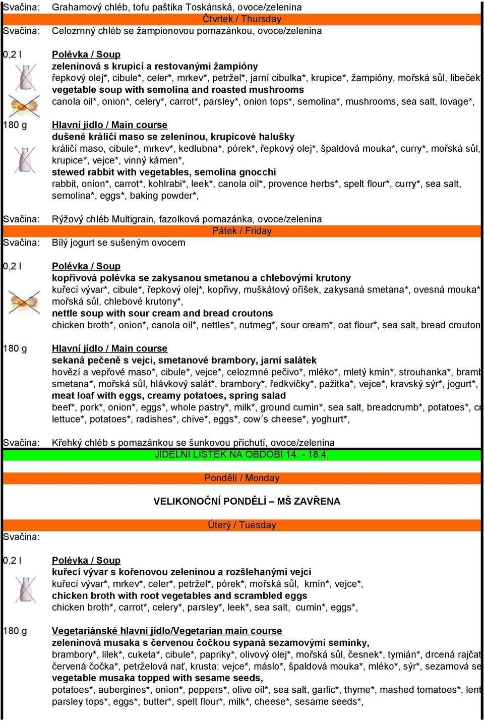 tops*, semolina*, mushrooms, sea salt, lovage*, dušené králičí maso se zeleninou, krupicové halušky králičí maso, cibule*, mrkev*, kedlubna*, pórek*, řepkový olej*, špaldová mouka*, curry*, mořská