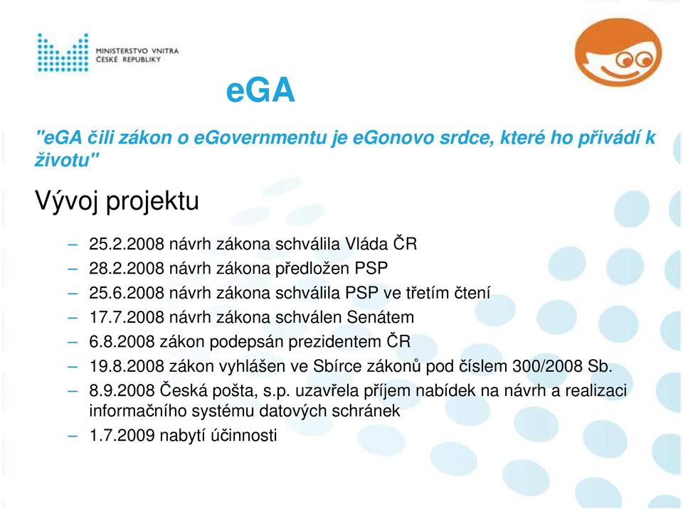 2008 návrh zákona schválila PSP ve třetím čtení 17.7.2008 návrh zákona schválen Senátem 6.8.2008 zákon podepsán prezidentem ČR 19.