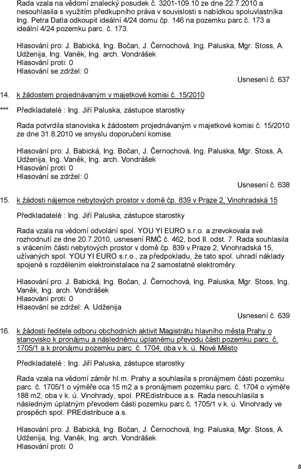 15/2010 *** Předkladatelé : Ing. Jiří Paluska, zástupce starostky Rada potvrdila stanoviska k žádostem projednávaným v majetkové komisi č. 15/2010 ze dne 31.8.2010 ve smyslu doporučení komise.